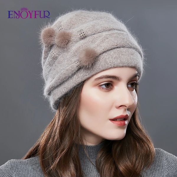 BeanieSkull Caps ENJOYFUR Femmes Hiver Cachemire Tricoté Chapeaux Naturel Vison Pompon Stripe Fille Bonnet De Mode Chaud Femelle En Plein Air Marque Bonnets 231215