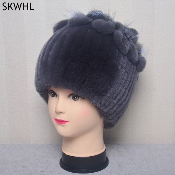 BeanieSkull Caps Chapeaux de fourrure de mode pour femmes hiver réel Rex chapeau de lapin fourrure de renard tricot femme chaud casquettes de neige dames élégantes princesse bonnets casquette 231205