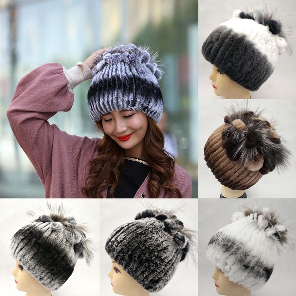 BeanieSkull Caps Chapeaux De Fourrure Pour Femmes Hiver Réel Rex Lapin Chapeau Tricot Femelle Chaud Neige Dames Bonnets De Luxe Bomber 230821