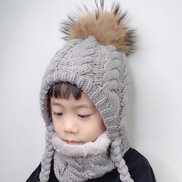 Backieskull Caps fourrure pompom bonnet enfant bébé chapeau hiver toison à l'intérieur de la protection de l'oreille COCHET COCHET TRICHEM