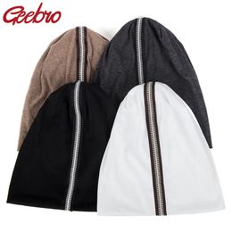 BeanieSkull Caps Geebro Femmes Coton Doux Confortable Bonnets Casual Nouveauté Slouchy Zipper Stripe Chapeaux Automne Couleur Unie Skullies Cap Bonnet 231012