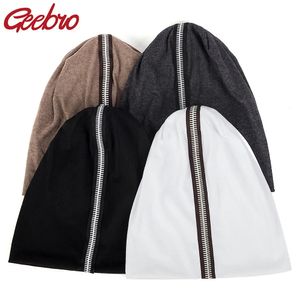 BeanieSkull Caps Geebro Femmes Coton Doux Confortable Bonnets Casual Nouveauté Slouchy Zipper Stripe Chapeaux Automne Couleur Unie Skullies Cap Bonnet 231012