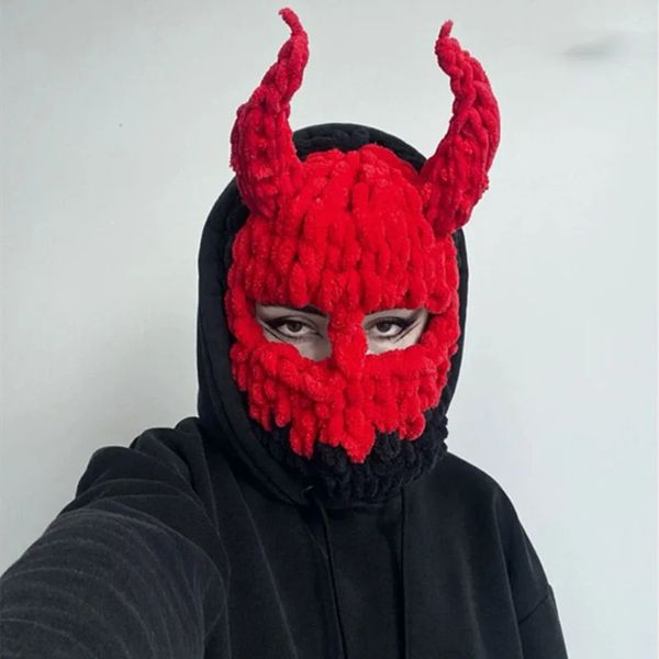 BeanieSkull Caps Halloween unisexe tricoté cagoule chapeau corne du diable hiver chaud adulte fête drôle bonnets casquette à la main Bonnet 231021