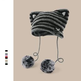 BeanieSkull Caps Fait à la main Y2k Japonais Chat Oreille Bonnets Lapin Cheveux Pompon Rayé Chérie Fille Tricot Cap Automne et Hiver Chaud Femmes Chapeaux 231116