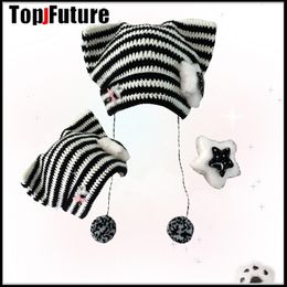 BeanieSkull Caps Harajuku Gothique Lolita Bonnet Japonais Chapeau Petit Diable Rayé Bonnet Tricoté Automne Hiver Oreilles de Chat Mignonnes Y2K Fille Femmes Chapeaux 230412