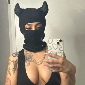 BeanieSkull Caps Horn Decor Balaclava Cap Monster Ears Ski Mask Balaclava Solid Color Beanie Y2K 231201