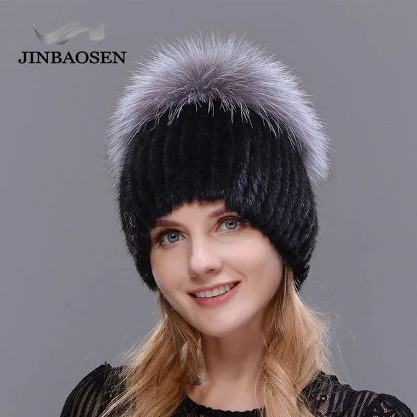 BeanieSkull Caps JINBAOSEN Mode Hiver Chaud Femmes Tricot Vison Chapeaux Avec Fourrure Vertical Tissé Top 231117