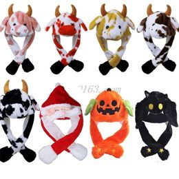 Beanieskull Caps Led Light Up pluche dierenhoed met bewegende springoren Cartoon Melk koe Ear slap pet gevuld speelgoed kerst Halloween PO rekwisieten 220921