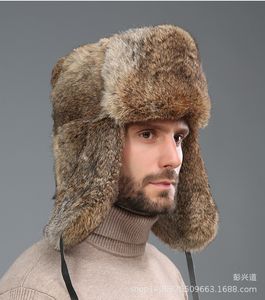 BeanieSkull Caps Mens Warm Natural Rabbit Fur Bomber Hat con orejeras Invierno Unisex Ruso Ushanka Real Hats 230928