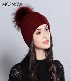 Beanieskull caps mosnow natuurlijke wasbeer bont pom pom pom poms vrouwelijk elegante wol gebreide 2021 wintermerk dames039s hoeden skullies9005558