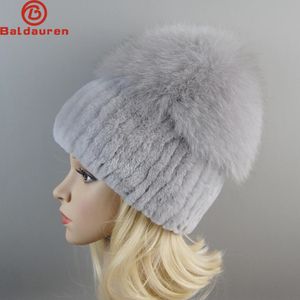 BeanieSkull Caps Rusia Estilo Mujeres Real Genuino Fox Fur Gorros Sombrero Niñas Natural Real Rex Piel de Conejo Skullies Cap Knit Winter Real Fur Hats 231216