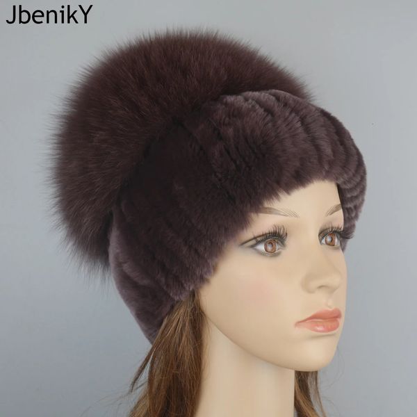 BeanieSkull Caps Russie Style Femmes Réel Véritable Fourrure Bonnets Chapeau Filles Naturel Rex Lapin Skullies Cap Tricot Chapeaux D'hiver 231120