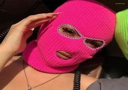Beanieskull Caps Shining Diamond Balaclava Face Mask Women Pink Sport gebreide fleece ski voor drie holes hoed glanzende strass Davi1699952
