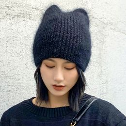 Beanieskull Caps Simple Girl Angora Rabbit Fur Ear Beanie Hat For Dames Winter Skullies Warm Wool Panama Fashion Gorros Vrouwelijke Bomber Cap 221024