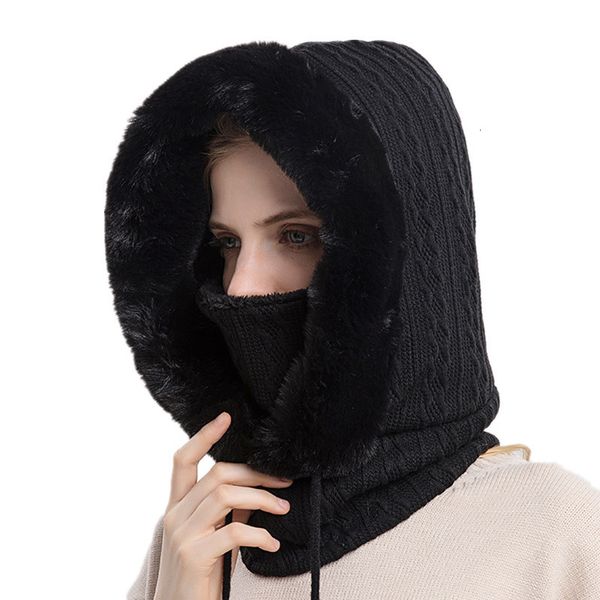 BeanieSkull Caps Hiver Chapeau De Fourrure Masque Ensembles À Capuche Pour Femmes Tricoté Chaud En Plein Air Ski Coupe-Vent Épaissir En Peluche Moelleux Bonnets Chapeau Style Russe 221129