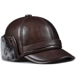 BeanieSkull Caps Hiver Hommes Chapeau Épaissir En Cuir De Vachette Baseball Avec Oreilles Chaud Papa Chapeaux Sombrero De Cuero Del Hombre 221125