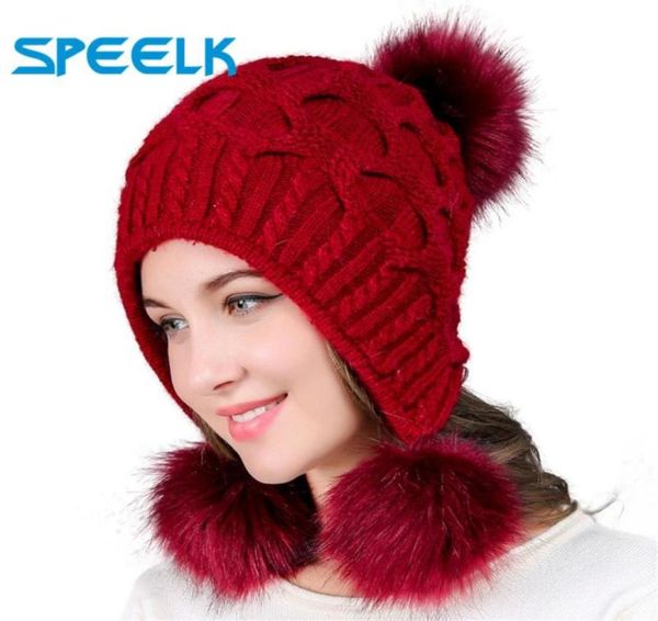 Beanieskull Caps Mujeres Sombreros Outumn Winter Winter Beanies Hat Tres Bola de cabello Atrás Open de doble grueso grueso Beanie Beanie Cap3232540