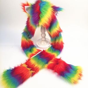 BeanieSkull Caps Mujeres Rainbow Stripes Furry Animal Sudadera con capucha Sombrero Fluffy Peluche Orejas Patas 3 en 1 Multifuncional Earflap Cap Bufanda Guantes Orejera 230907