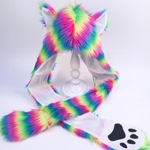 BeanieSkull Caps Mujeres Rainbow Stripes Furry Animal Sudadera con capucha Sombrero Fluffy Peluche Orejas Patas 3 en 1 Gorro con orejeras Bufanda Guantes Mitones Calentador 230907