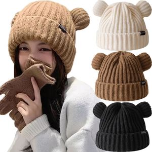 BeanieSkull Caps Y2K oreilles d'ours épaissir chapeaux femmes doux Harajuku peluche oreille tête Protection mignon tricoté coréen laine Cool fille fait à la main Beanie 231109