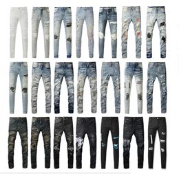 Diseñador Amirs Jeans para hombre Jeans morados High Street Hole Star Patch Hombres para mujer Amirs Star Panel bordado Pantalones Pantalones elásticos Slim-Fit Pantalones Tamaño de EE. UU.