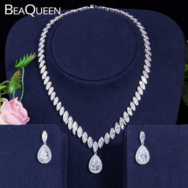 BeaQueen Classique Goutte D'eau Pierres Pavé Cubique Zircone Boucles D'oreilles De Mariage Collier Bijoux De Mariée Ensembles Costume Bijoux JS023 H1022