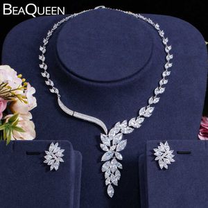 BeaQueen clair cubique Zircon fleur de glace longue feuille pendentif goutte collier et boucle d'oreille africaine Dubai robe de mariée accessoires JS025 H1022