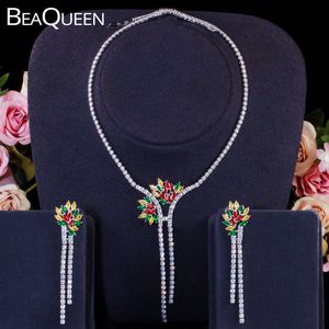 BeaQueen colorido CZ cristal flor redondo circonita cúbica colgante largo pendientes y collar mujeres boda conjuntos de joyería JS270 H1022