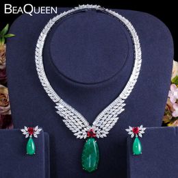 Beaqueen luxe exclusieve grote drop groene ketting oorbel sets voor vrouwen bruiloft bruids zirkoon Dubai sieraden set JS267 H1022