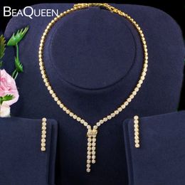 BeaQueen lujo Color oro Micro pavimentado Zirconia cúbica colgante largo collar y pendientes nupcial boda conjuntos de joyería JS237 H1022