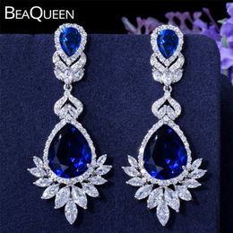 BeaQueen Luxury Royal Blue Water Drop CZ Crystal Women Wedding Jewelry Orecchini da sposa lunghi con Clear Cubic Zirconia E081 210317