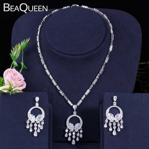 BeaQueen De Luxe Femmes De Mariage Costume Bijoux Cubique Zircone Cristal Long Gland Boucles D'oreilles Collier Ensembles pour Les Mariées JS024 H1022