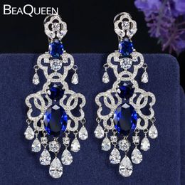 BeaQueen Royal Design européen zircon cubique bleu et cristal blanc gland goutte super grandes boucles d'oreilles pendantes pour les femmes E039 240401