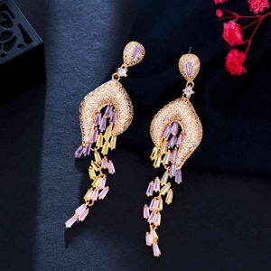 Bequeen Trendy Bohemia Gold Color Multicolor Cubic Circonia Larga Borla Larga Pendientes Droply Pendientes para Mujeres Joyas de boda E428