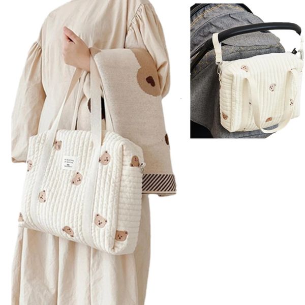 Oso Animal cochecito de bebé bolso bebé nacido Beige tela de algodón cremallera bolso para pañales bolso de hombro de mamá para viajar 240118