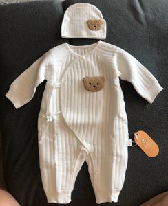 Bear Baby Jumpsuits met hoed katoenen peuter Rompers voor jongensmeisjes lange mouwen baby onesies zacht ademend ademende pyjama's uit één stuk 240319