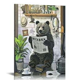 Ours de salle de bain décor art mural noir sur toilettes en lecture de journaux toile des images d'animaux drôles pour la peinture moderne encadrée décoration de décoration prête à suspendre le décor d'ours