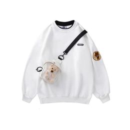 Ours bandoulière petit cartable faux sweat-shirt deux pièces pour femmes style coréen mode ample col rond mince pull à capuche dame 240223