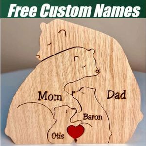 Ornements de famille ours diy sculpture en bois gratuit nom personnalisé nom multi-language puzzle mères cadeau d'anniversaire 240425