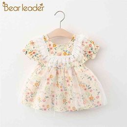 Bear Leade Enfant Bébé Fleurs Mesh Robes Né Filles Sweet Floral Voile Costumes Infant Girl Summer Robes Casual Costumes 210429