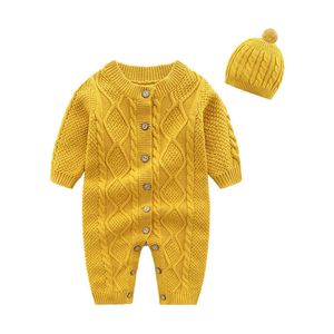 Bear Leader 3-24M Nacido Otoño Punto Romper Baby Boys Pure Algodón Suéteres de manga larga Niñas 2pcs Mameluco casual con sombrero 210708