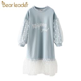 Bear Leader 4-13 años Niños Otoño Ropa delgada Chica Puff Manga Malla Patchwork Vestido Adolescente Niñas Letra Princesa Vestido LJ200921