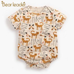 Beer leider baby meisje rompertjes zomer geboren babykleding cartoon print baby meisje kleding voor 0-24M biologische katoenen kleding 210708