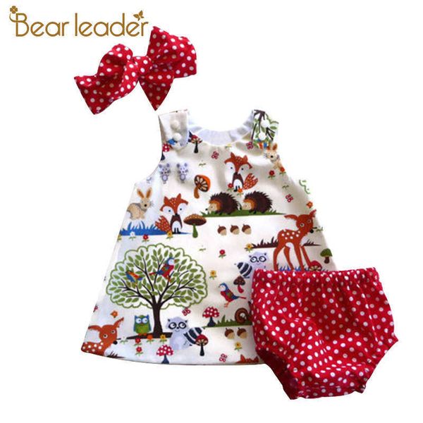 Bear Leader Baby Girls Conjuntos de ropa Marca Conjuntos de tres piezas Pantalones cortos + Banda para el cabello + Vestido de impresión Patten para bebé 6-24M 210708