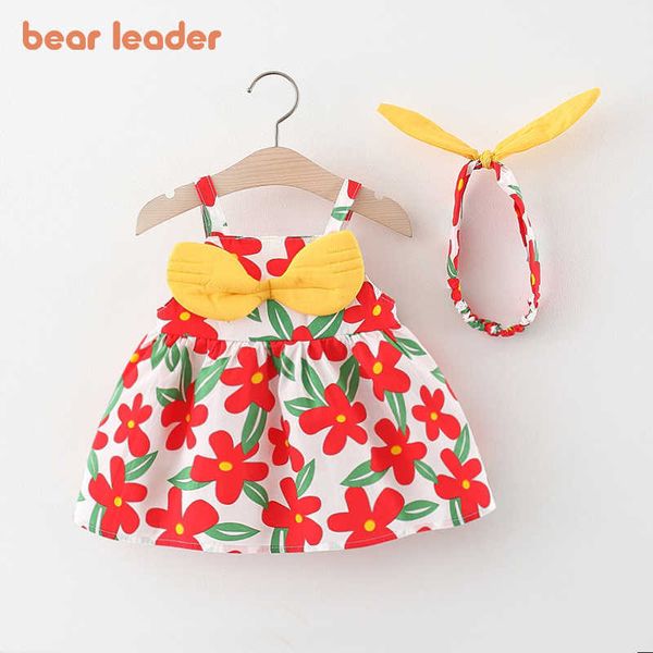 Bear Leader Baby Girls Floral Sweet Dress Bowknot Flowers Vestidos Toddler Vêtements d'été avec bandeau né Cute Clothing 210708