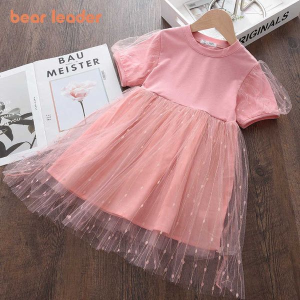 Bear Leader Baby Girls Princess Pink Robes Summer Fashion Mesh Robe Enfants Party Robes Casual Vêtements Sweet Outfit 3-7Y 210708