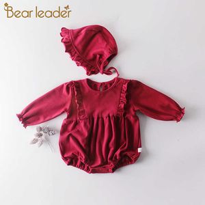 Beer leider baby meisjes ruches rompertjes mode baby's massief rode lange mouw kleding peuter casual zoete jumpsuits 6m-24m 210708