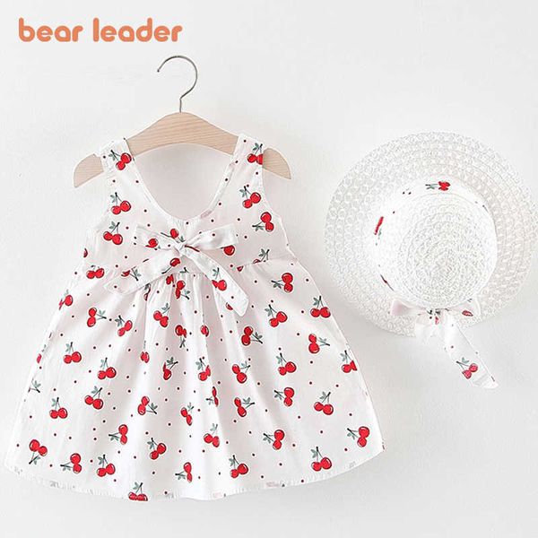 Líder de oso Baby Girls Vestidos de verano Nacidos para niños Niños Cherry Princess Vestido con sombreros 2pcs Bowtie lindo trajes 0-2y 210708