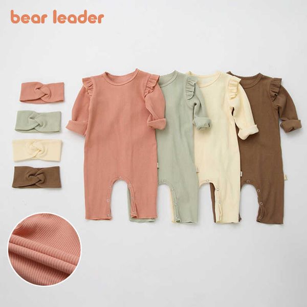 Bear Leader Born Baby Girls Boys Spring Rompers Coton Automne Bodys Solides Volants Combinaisons avec bandeau Vêtements décontractés 210708