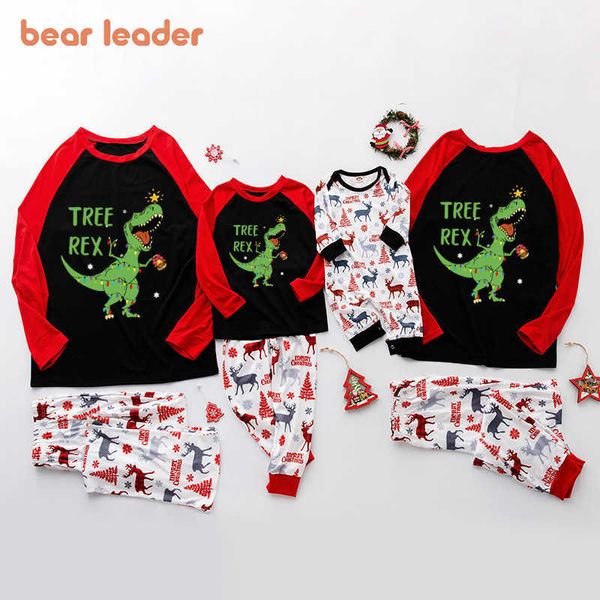 Ours Leader Famille Tenues Assorties Mode Noël Papa Maman Et Moi Vêtements Ensembles Dessin Animé Dinosaure T-Shirt Pantalon Costumes 210708